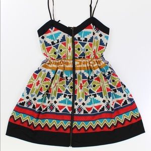 Just Ginger Aztec Colorful Print Party Dress. M. Full Zip front w/black tie.